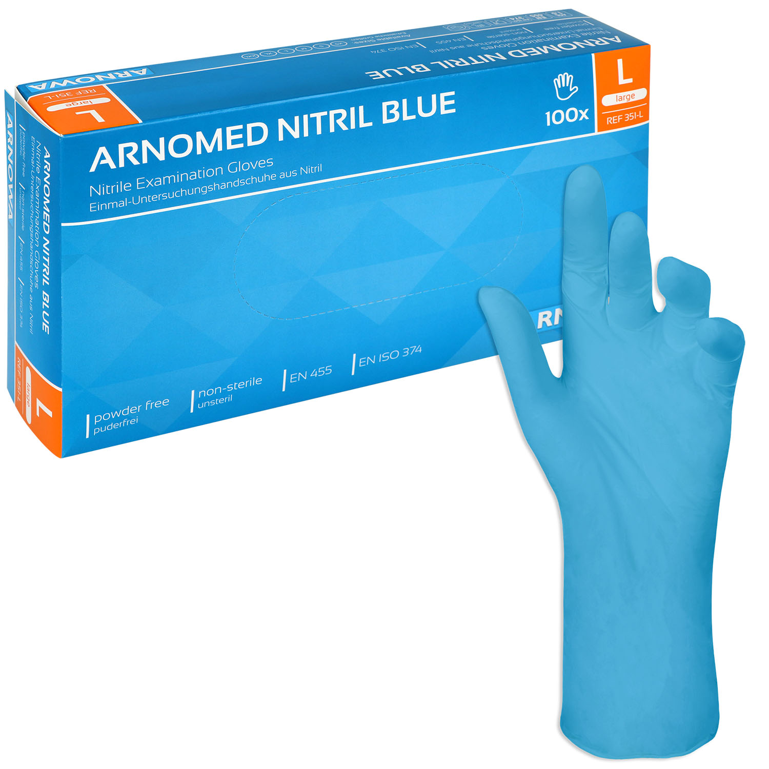 Arnomed Nitril-Untersuchungshandschuhe, blau, unsteril, puderfrei, latexfrei Größe L - 100 St.