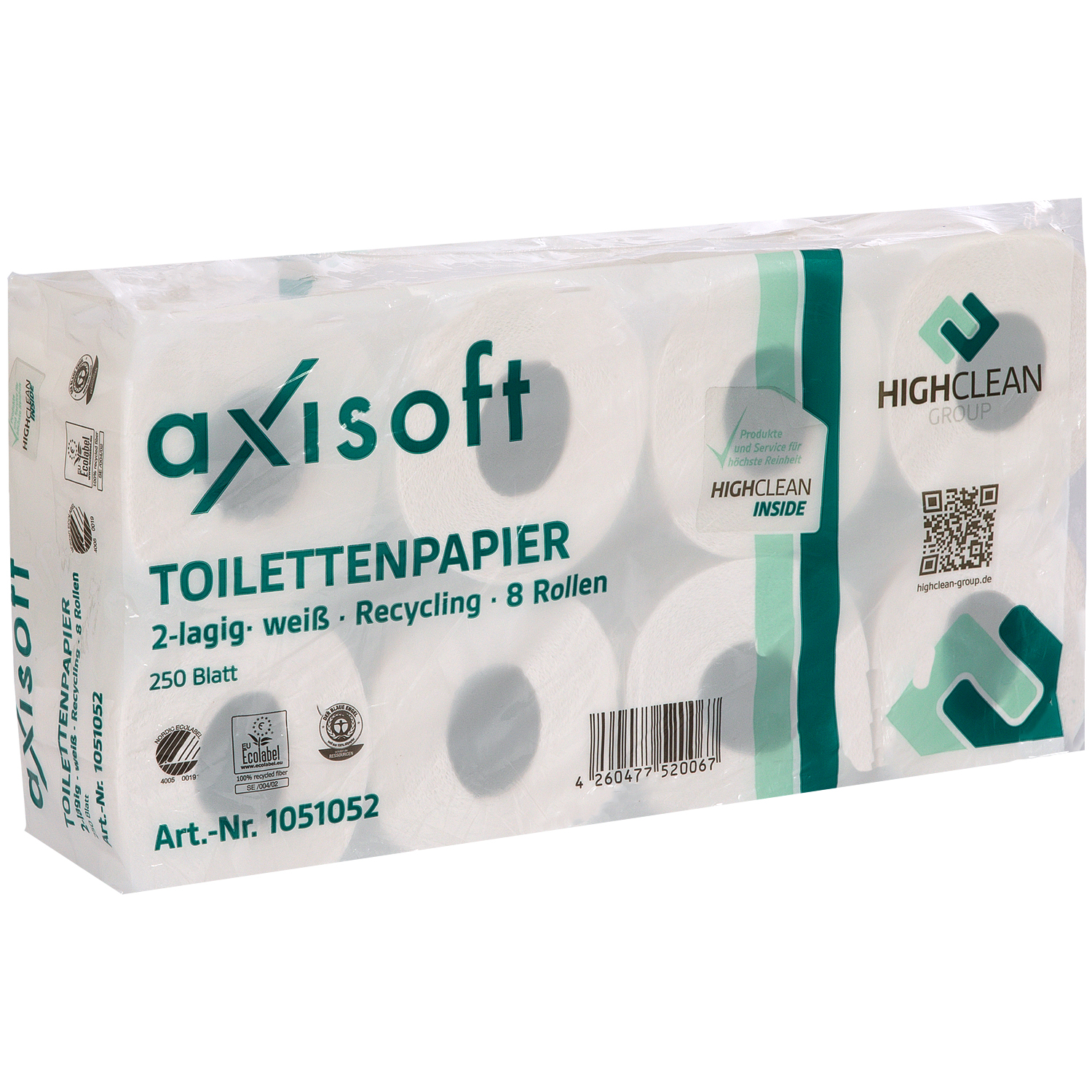 Axisoft recyceltes Toilettenpapier naturweiß 2-lagig. 8 x 250 Blatt