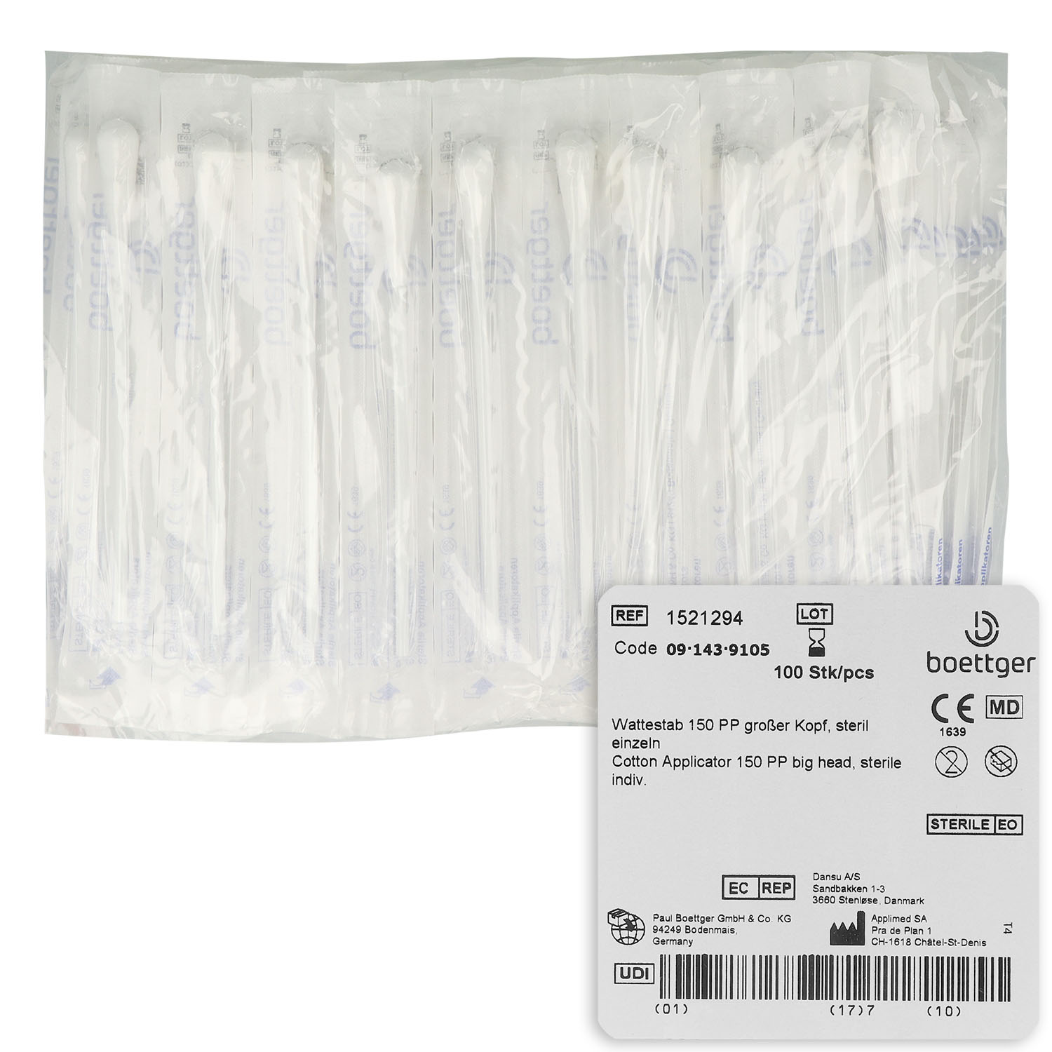 Sterile Wattestäbchen mit großem Kopf - 100 St.