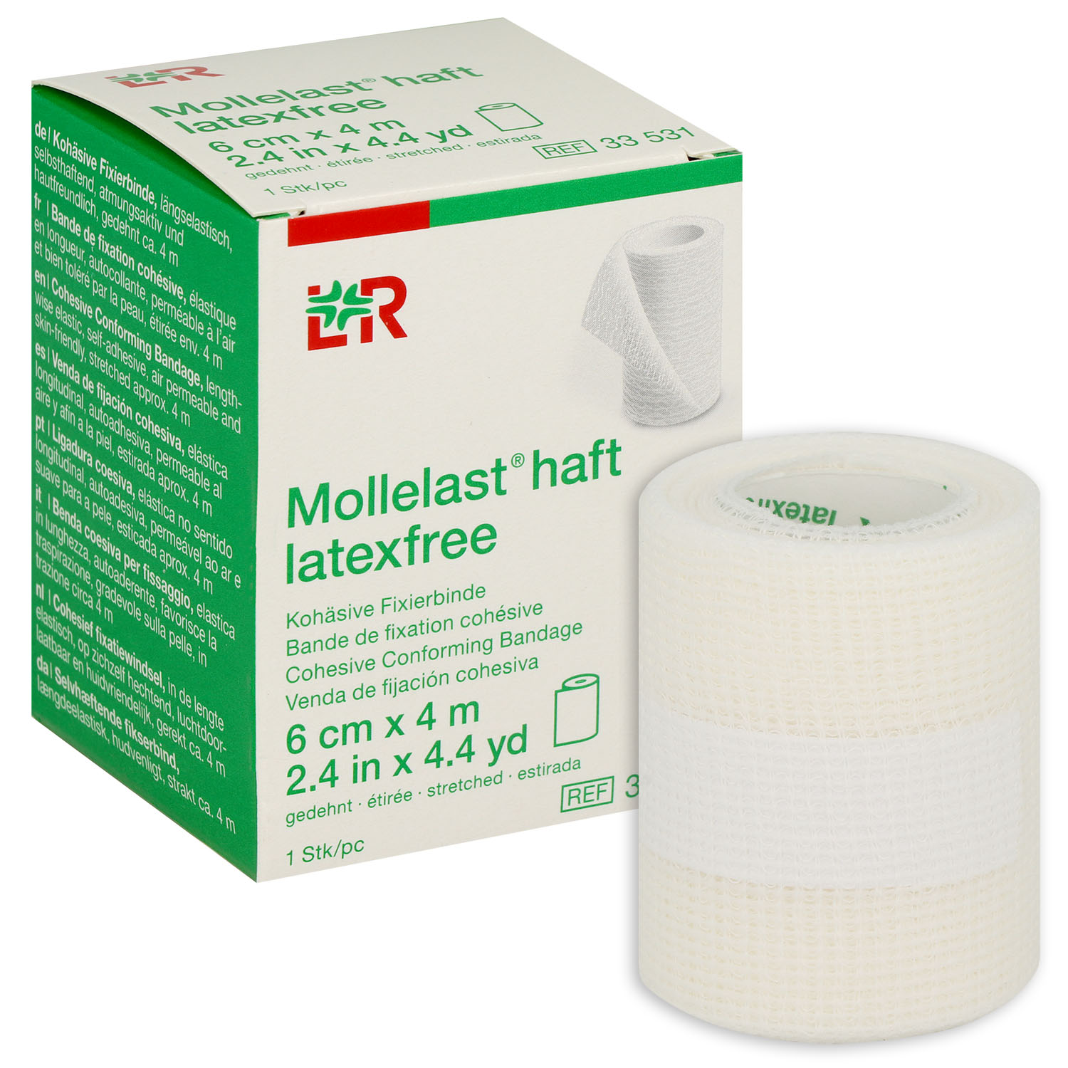 Mollelast haft latexfrei, weiß, kohäsive Fixierbinde, einzeln in Faltschachtel