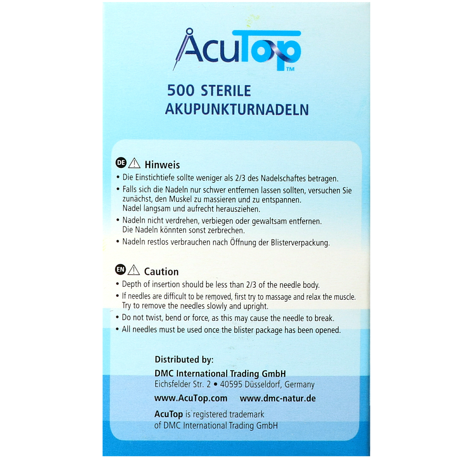 Akupunkturnadeln AcuTop Typ A5CC, mit Kupferwendelgriff, silikonisiert, mit Führrohr, 500 St.