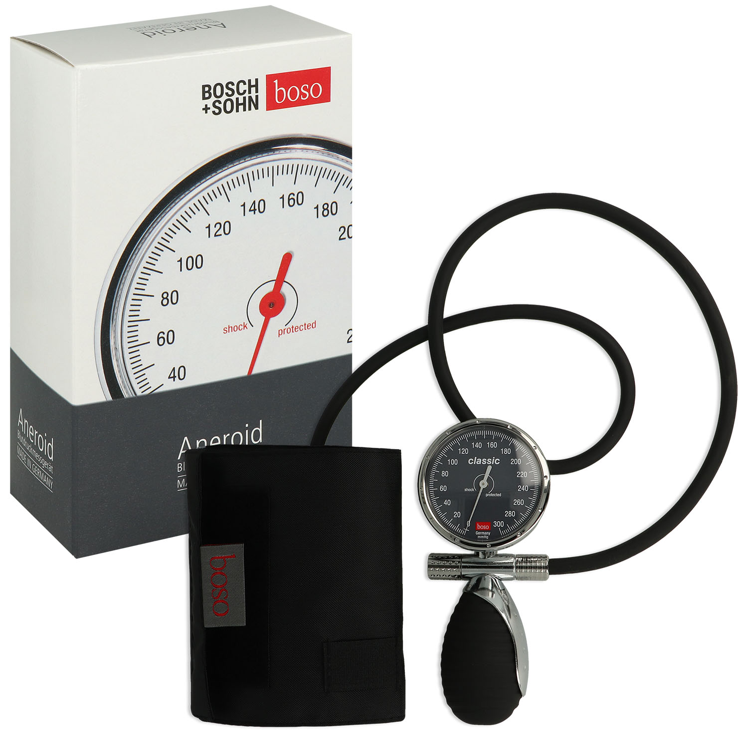 boso classic Blutdruckmessgerät, Ø 60 mm, chrom mit Klettenmanschette schwarz, (standard) Größe M