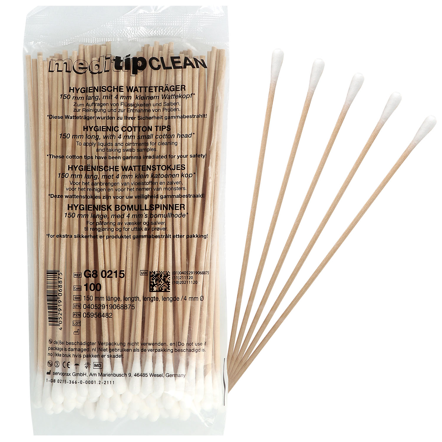 Watteträger 1 Kopf keimreduziert 15 cm - 100 St.