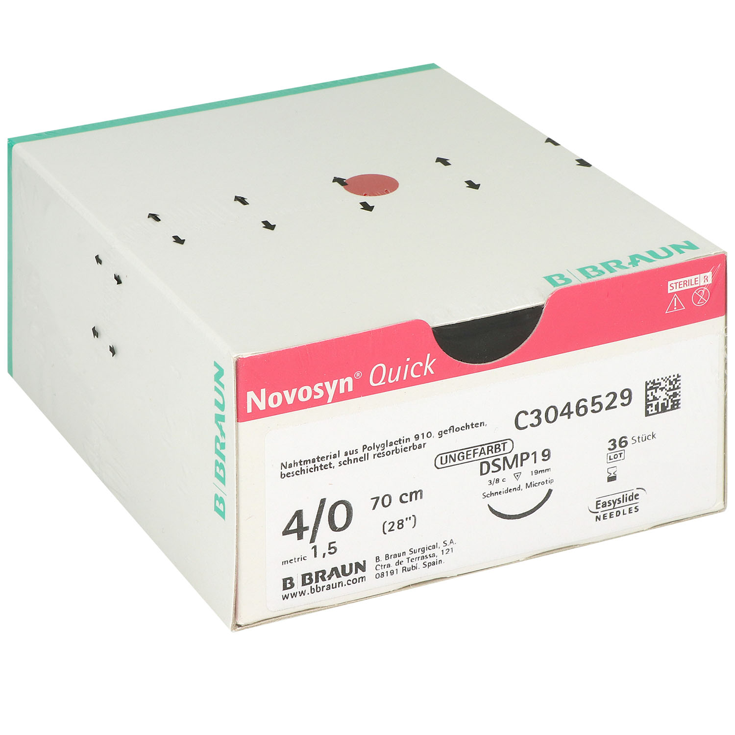 Novosyn Quick ungefärbt C3046529, DSMP19 19mm; USP 4/0, 70cm - 36 Stück