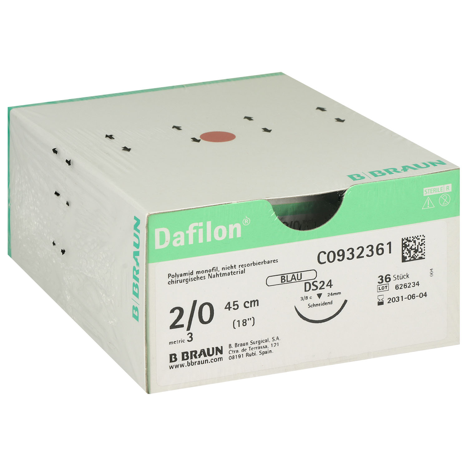 Dafilon blau monofil C0932361; DS24; 2/0; 45 cm - 36 St.