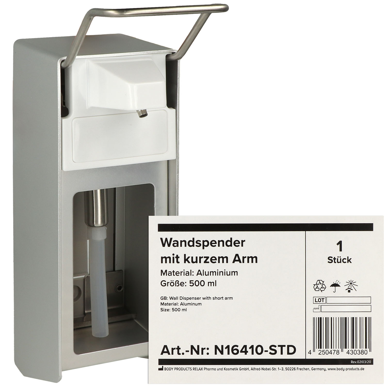 Wandspender Aluminium, mit kurzem Armhebel für 500 ml Flaschen