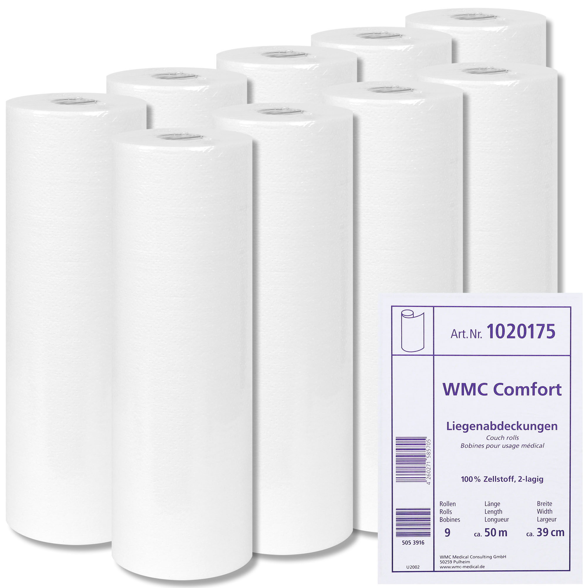 Ärztekrepp WMC Comfort 2-lagig hochweiß 39 cm x 50 m - 9 Rollen