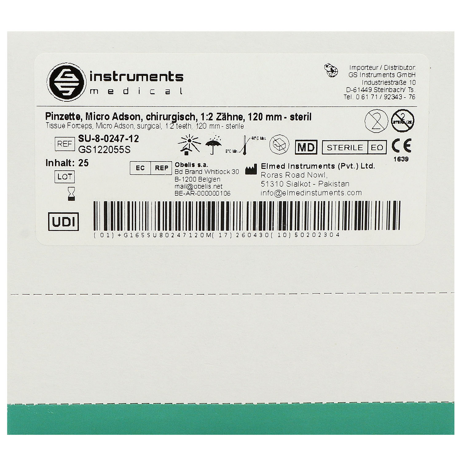 Einmal Pinzetten, Adson, chirurgisch, 1:2 Zähne, steril