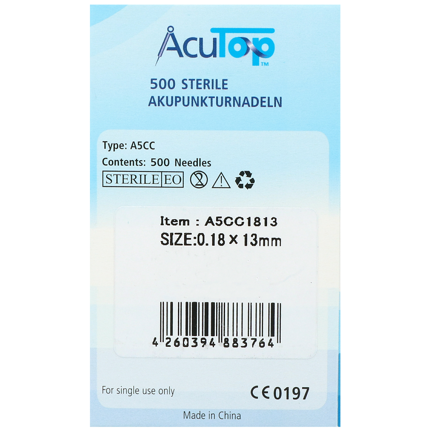 Akupunkturnadeln AcuTop Typ A5CC, mit Kupferwendelgriff, silikonisiert, mit Führrohr, 500 St.