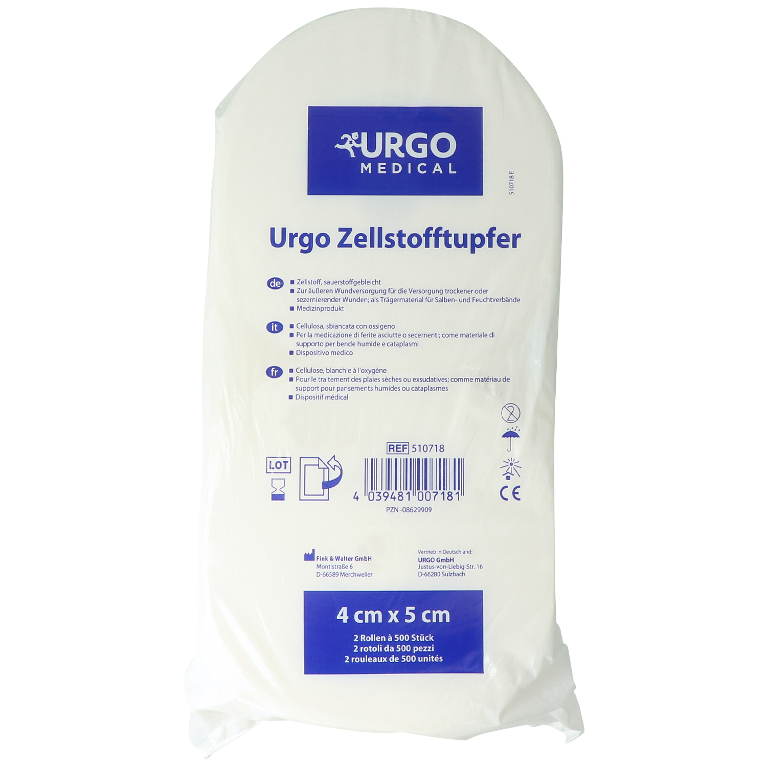 Urgo Zellstofftupfer 4 cm x 5 cm,  2 Rollen x 500 St.