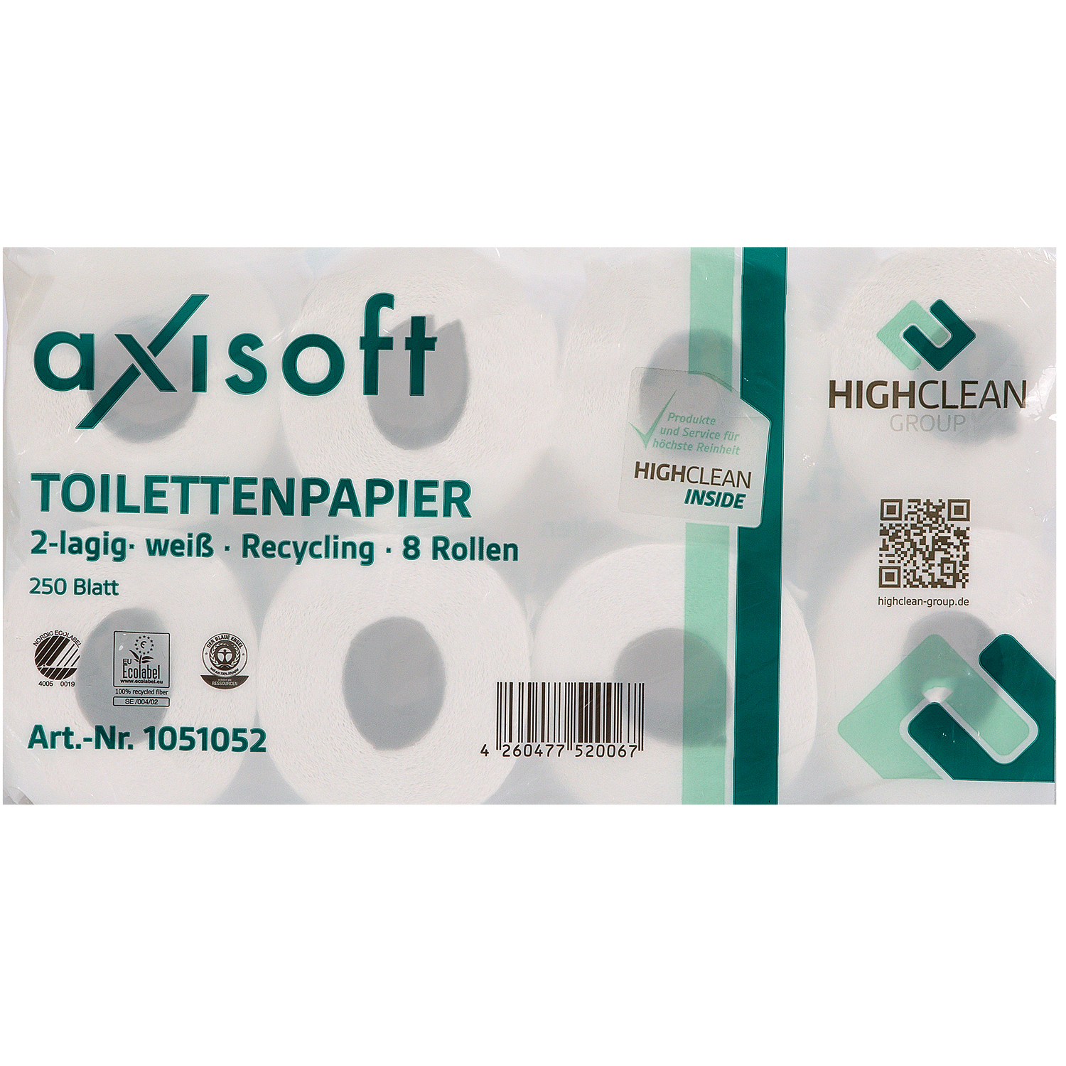 Axisoft recyceltes Toilettenpapier naturweiß 2-lagig. 8 x 250 Blatt