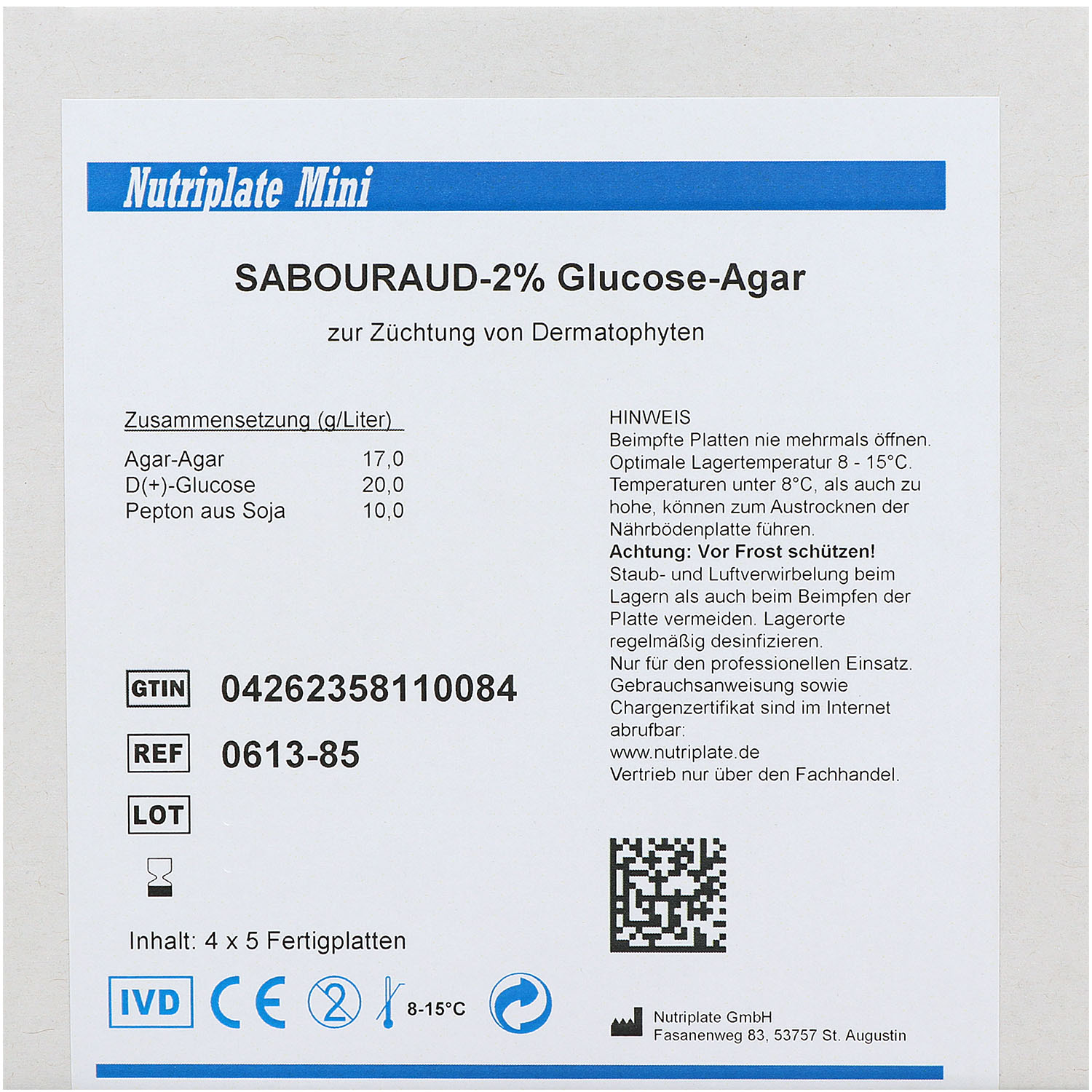 Nutriplate Mini Sabouraud 2% Glucose Agar