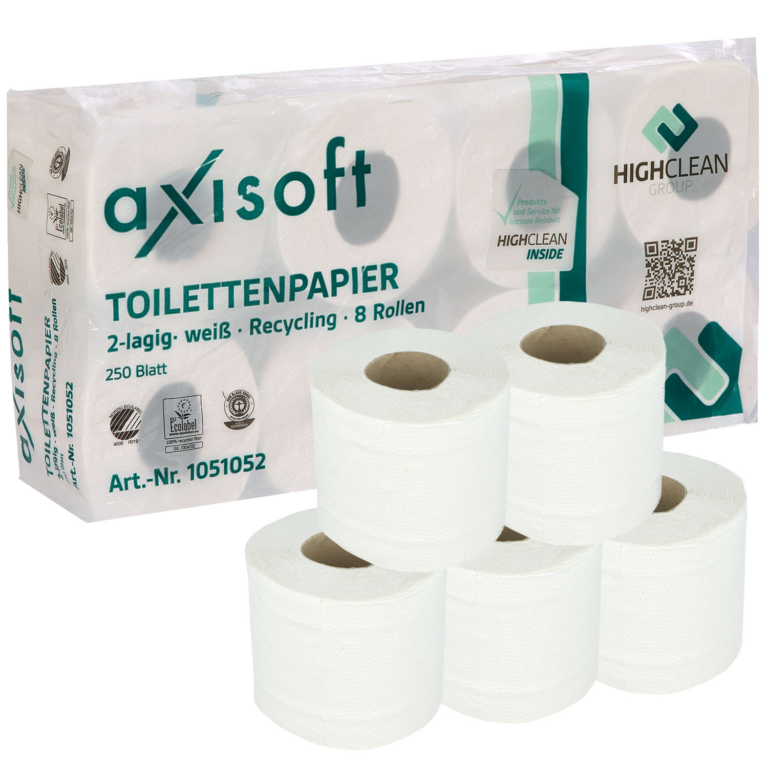 Axisoft recyceltes Toilettenpapier naturweiß 2-lagig. 8 x 250 Blatt