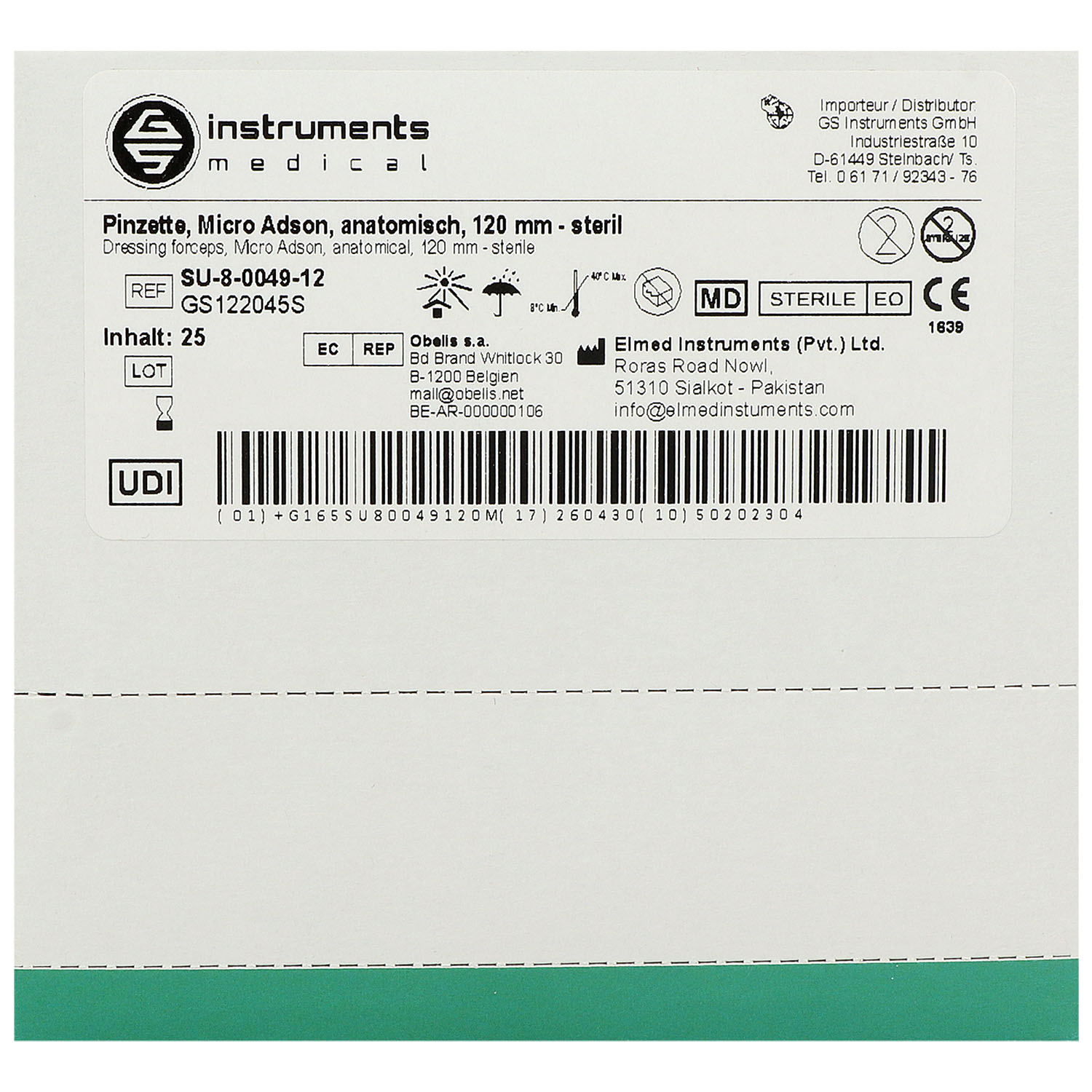 Einmal Pinzetten, Adson, anatomisch, steril