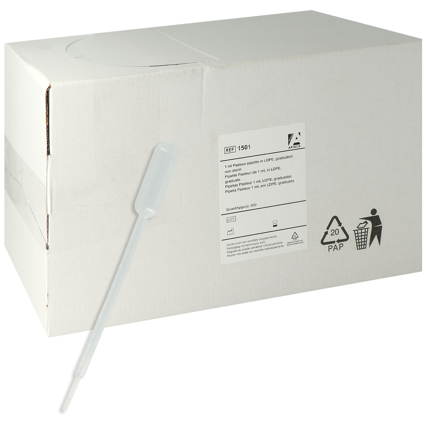 Pasteurpipette, Ø5 x 150 mm, Graduierung, Vol. 1 ml, 500 Stück