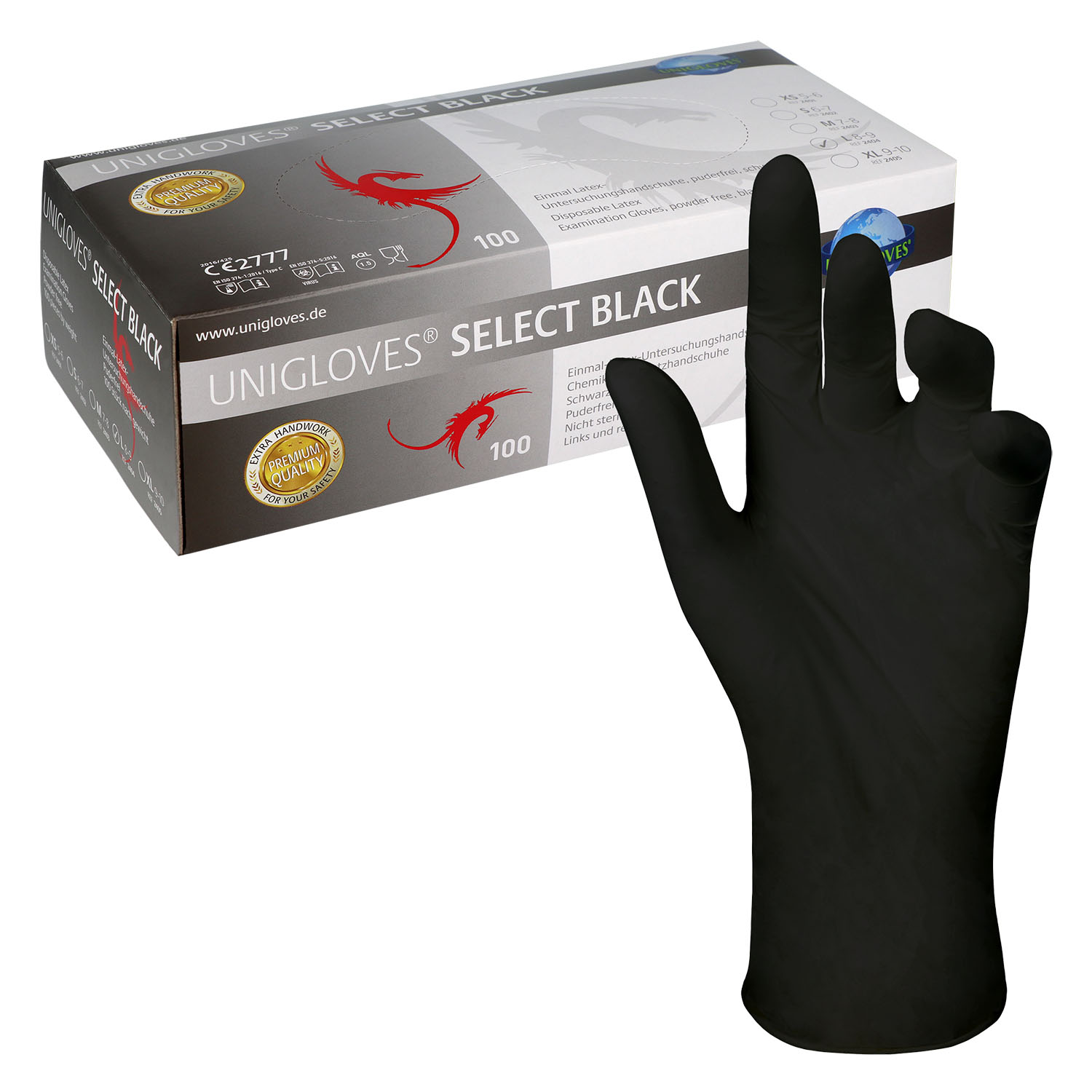 Unigloves SELECT BLACK Latexhandschuhe, puderfrei, schwarz L - 100 Stück