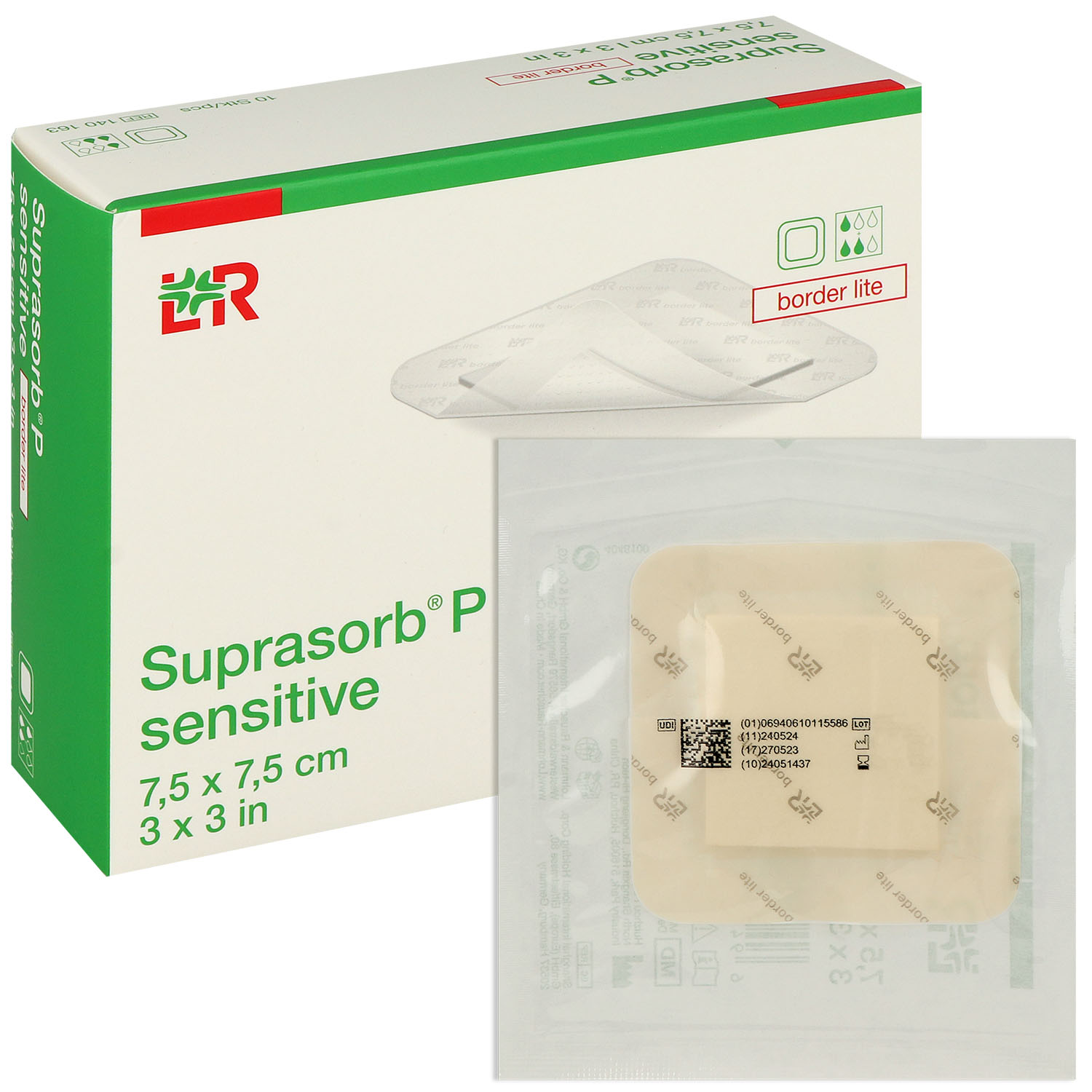 Suprasorb P sensitive border lite, ohne superabsorbierenden Saugkern, steril - 7.5 x 7.5 cm - 10 St.