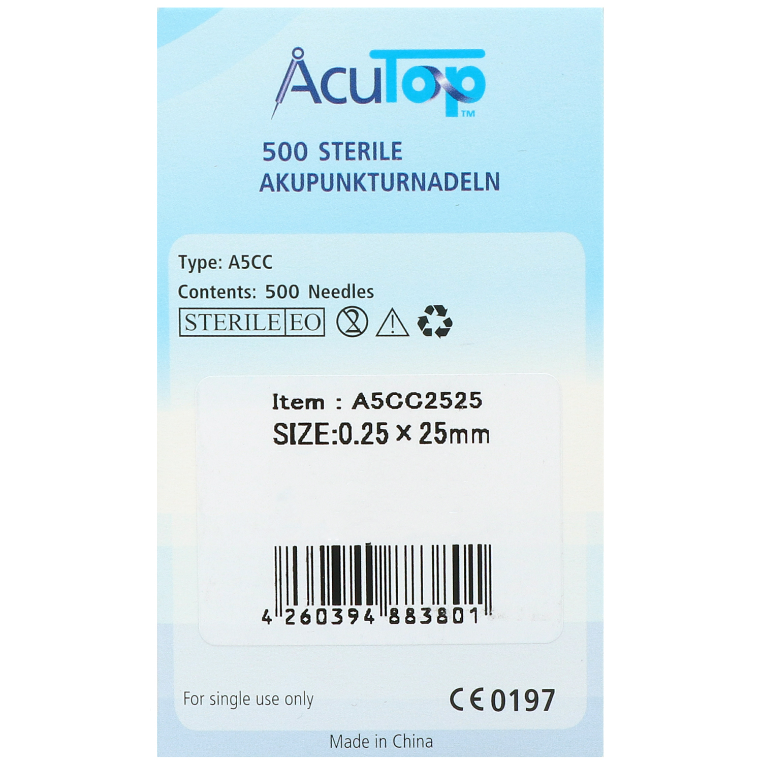 Akupunkturnadeln AcuTop Typ A5CC, mit Kupferwendelgriff, silikonisiert, mit Führrohr, 500 St.