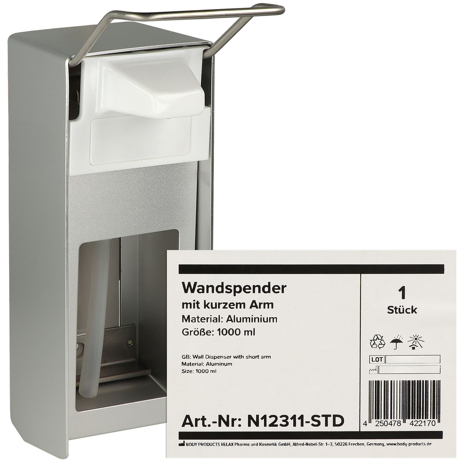 Wandspender Aluminium, mit kurzem Armhebel für 1000 ml Flasche