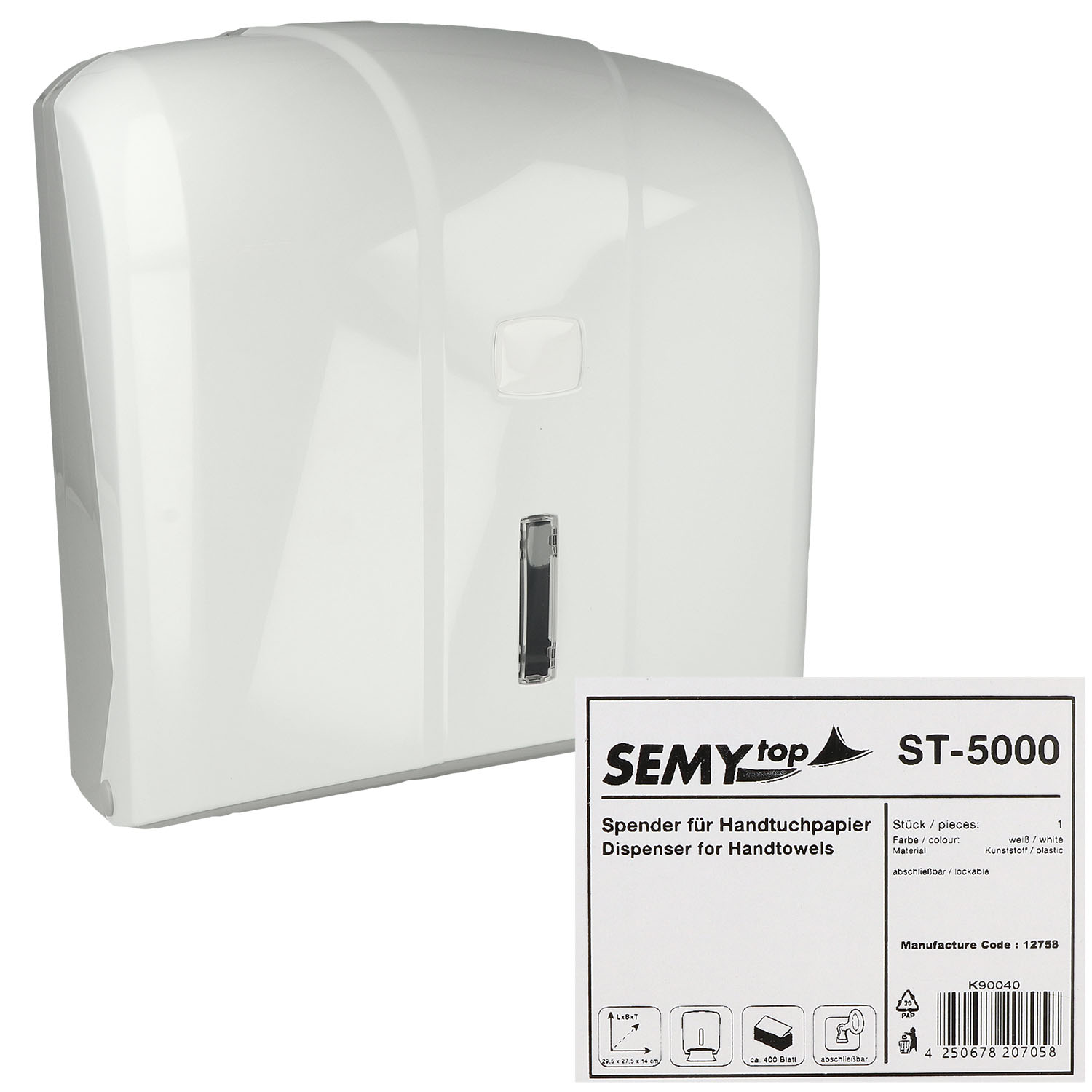 Handtuchspender weiß aus Kunststoff für 400 Blatt V-/C-Falz Papier - 1 St.