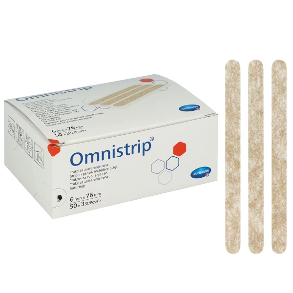 3 Omnistrip Wundnahtsreifen vor einer Verpackung