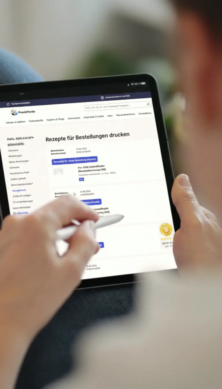 Kunde mit Tablet beim Rezeptdruck
