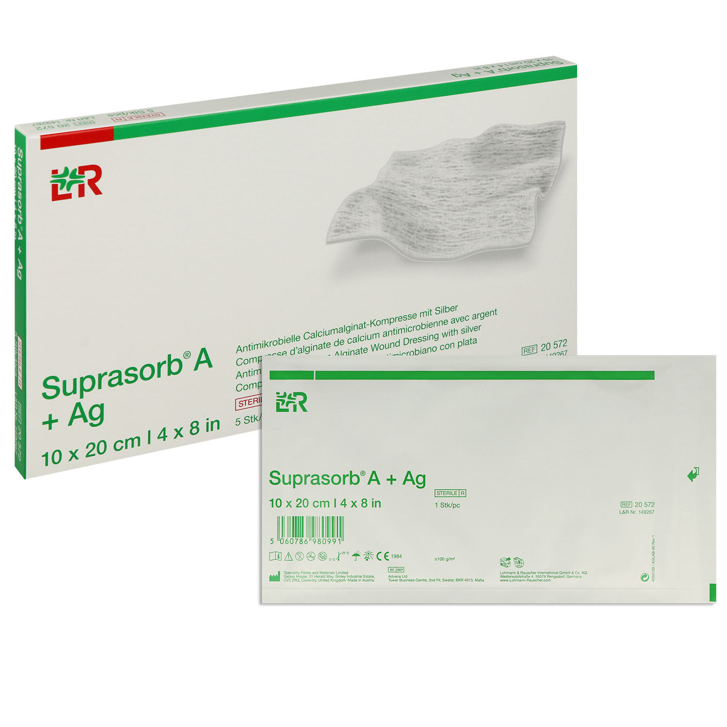 Suprasorb A + Ag Calciumalginat-Kompressen, steril einzeln eingesiegelt