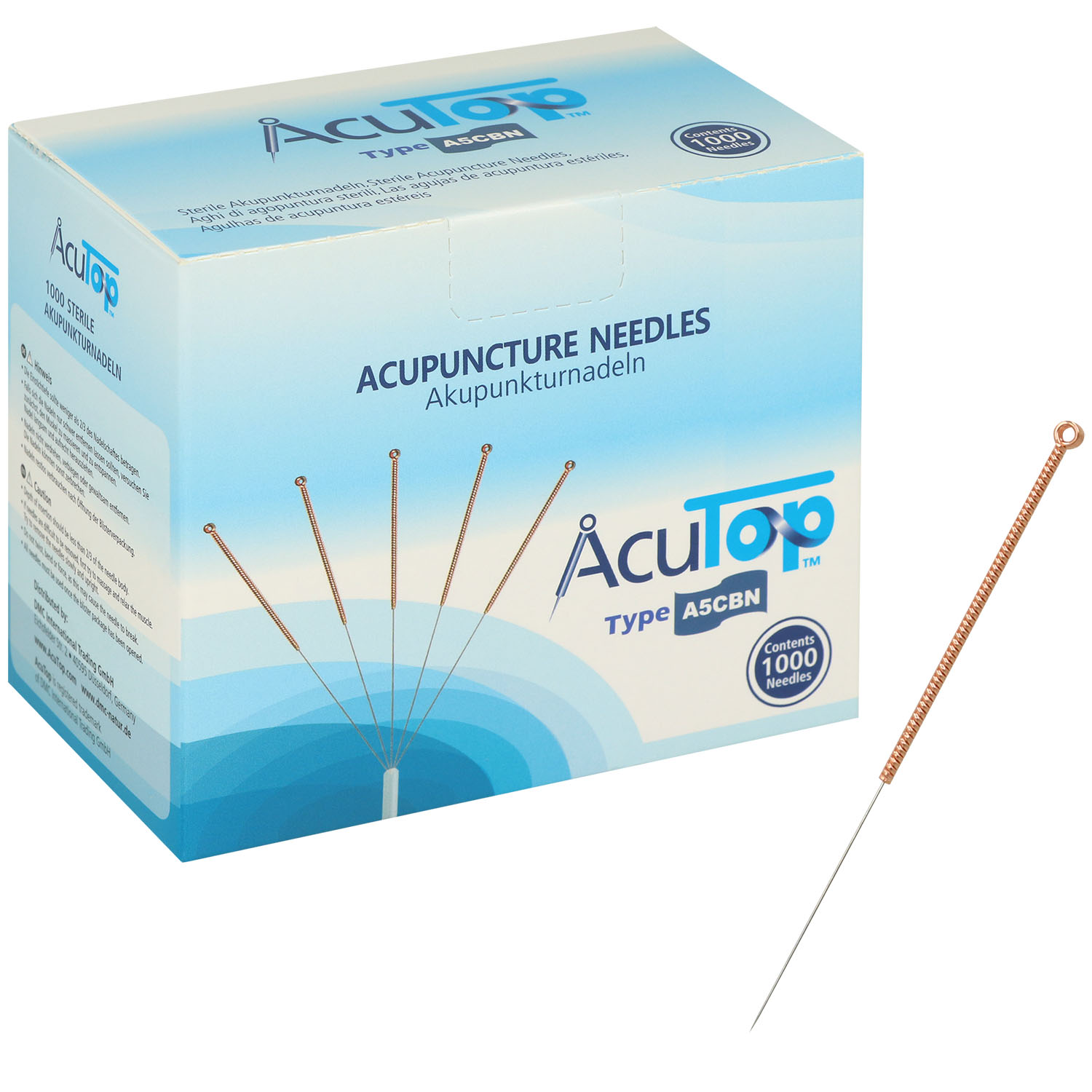 AcuTop Akupunkturnadeln Typ 5CBN, Kupferwendelgriff, silikonisiert, mit Führrohr