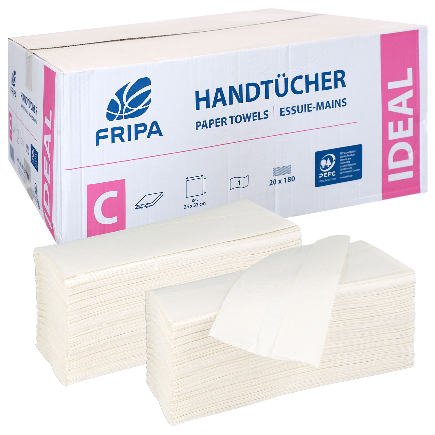 Fripa Ideal Papierhandtücher, 1-lagig, hochweiß 25 x 33 cm - C-Falz - 20 x 180 St