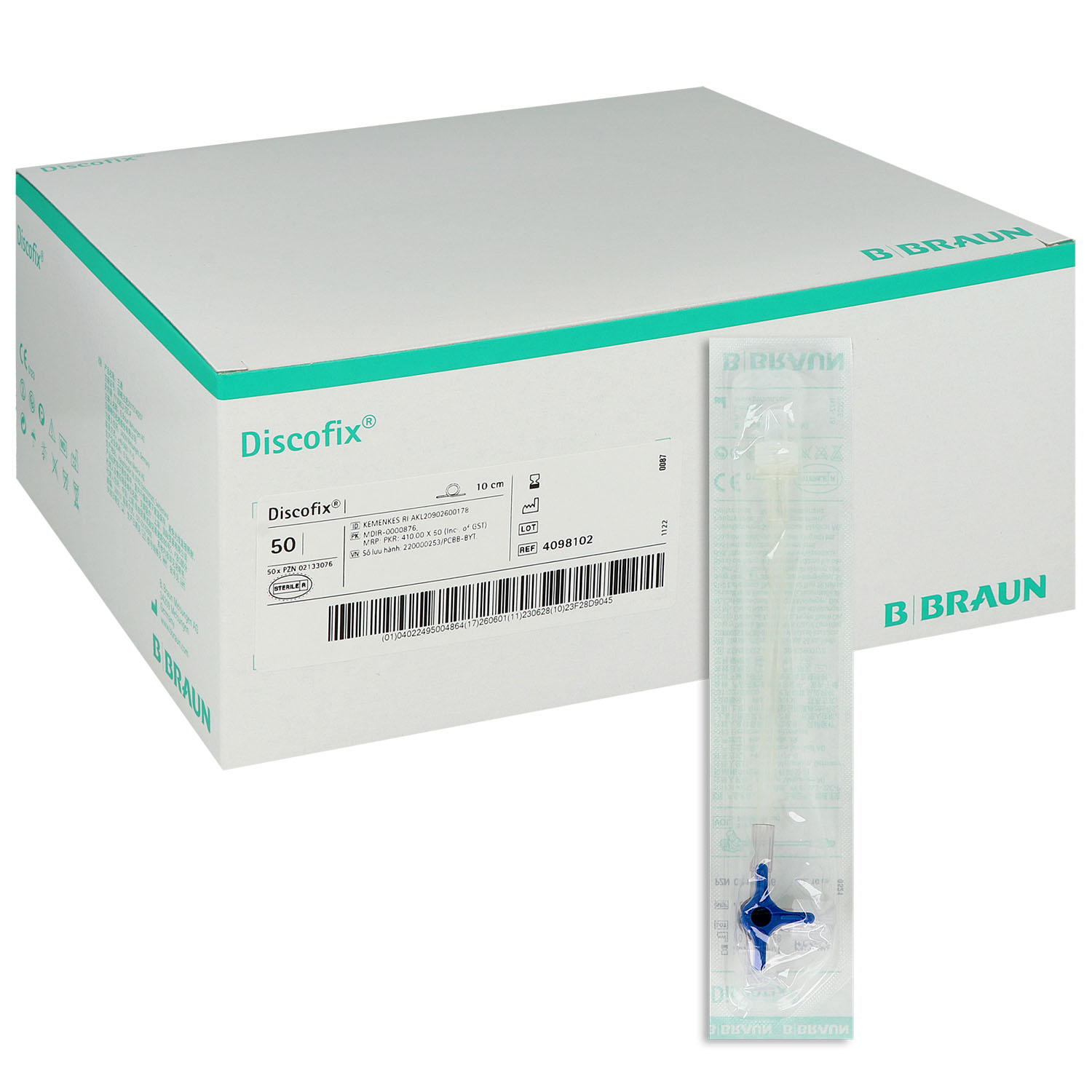 Discofix Dreiwegehahn mit 10 cm-Schlauch blau - 50 St.