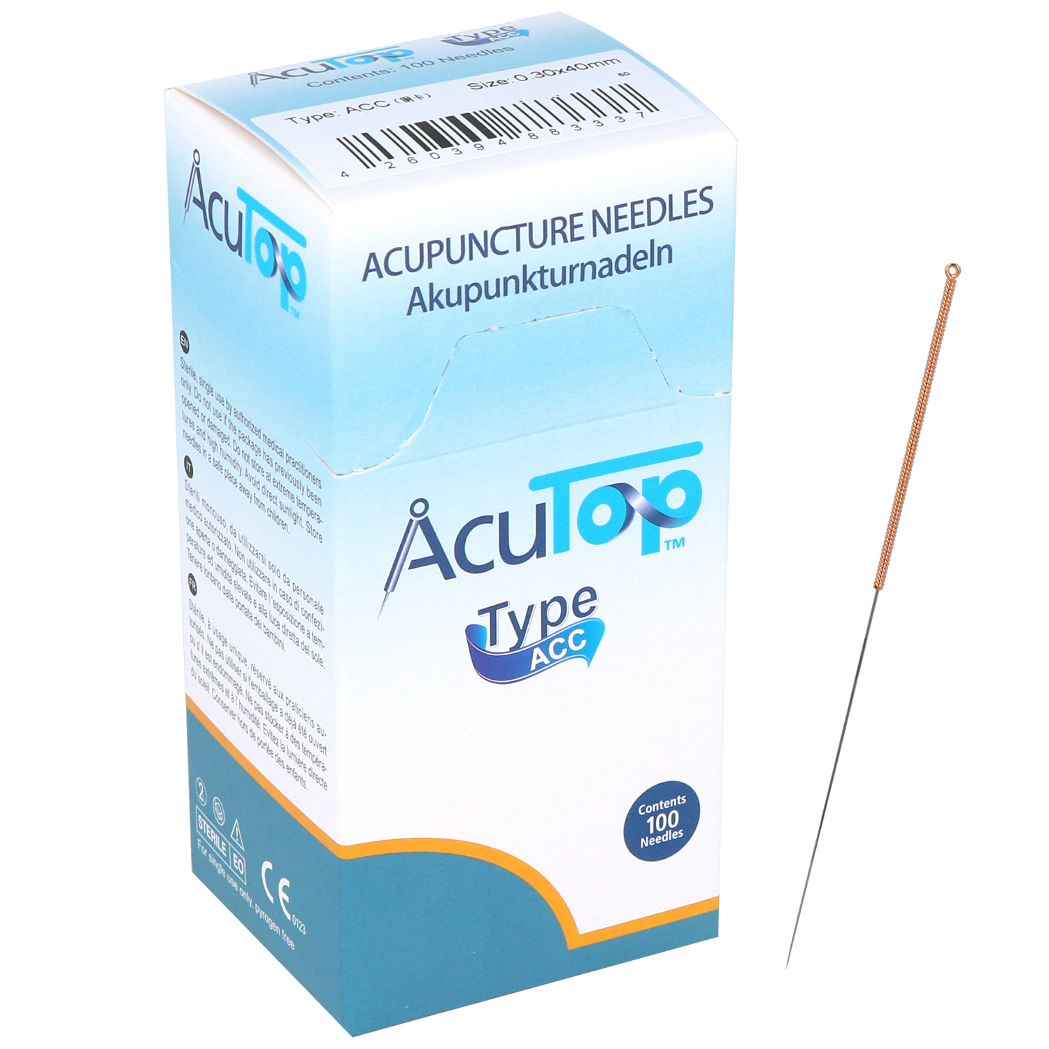 Akupunkturnadeln AcuTop Typ ACC, mit Kupferwendelgriff, silikonisiert, ohne Führrohr, 100 St.