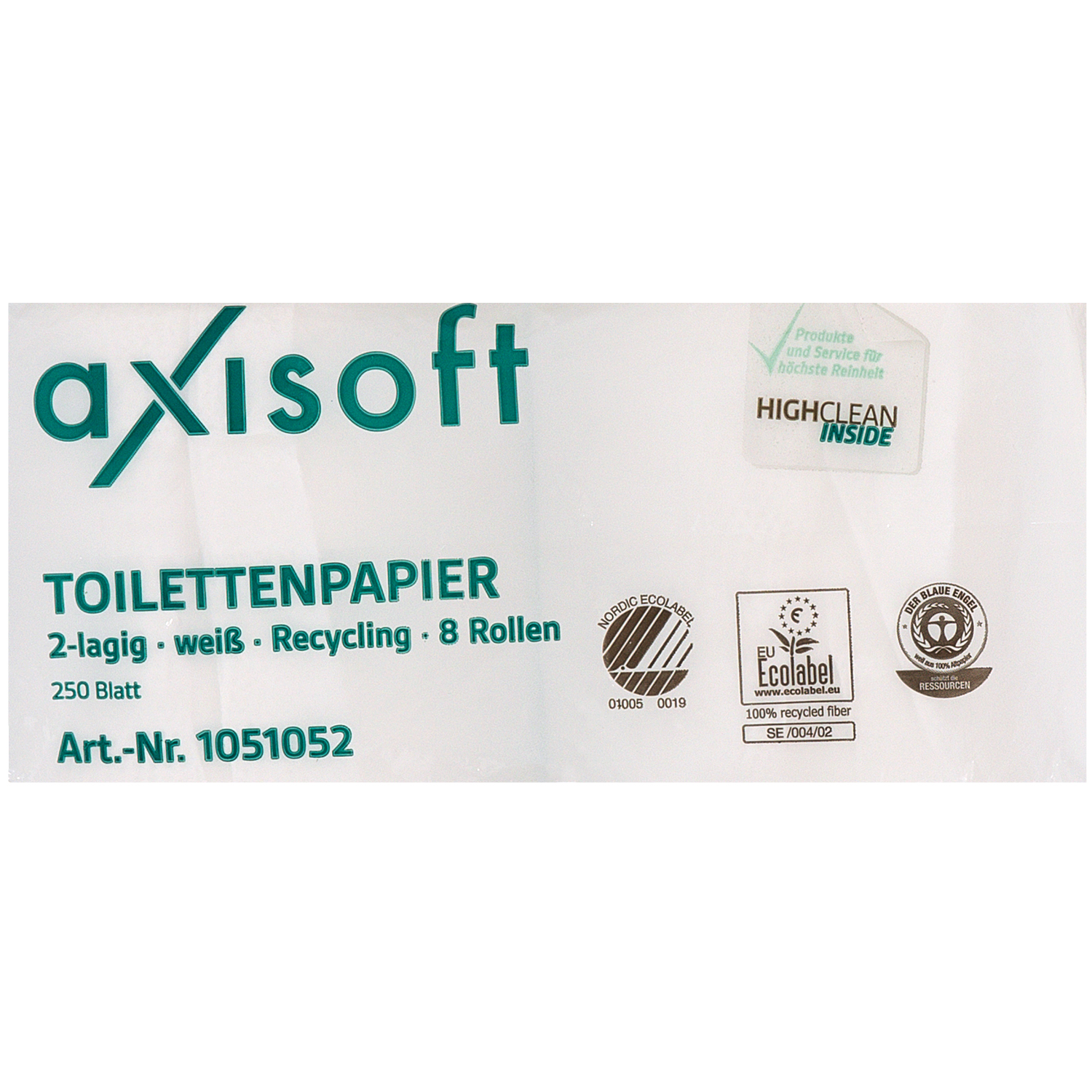 Axisoft recyceltes Toilettenpapier naturweiß 2-lagig. 8 x 250 Blatt