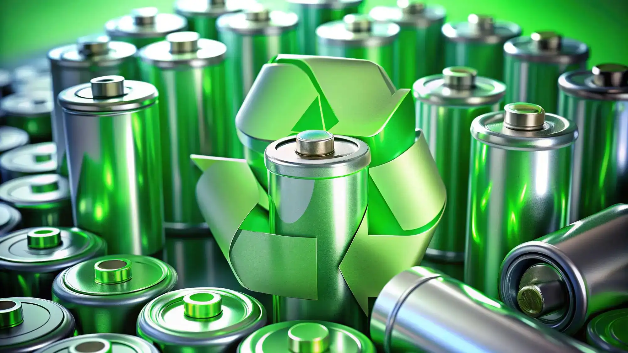 Gezeigt wird eine Sammlung von Silberbatterien mit einem auffälligen grünen Recyclingsymbol, das um eine Batterie gewickelt ist.