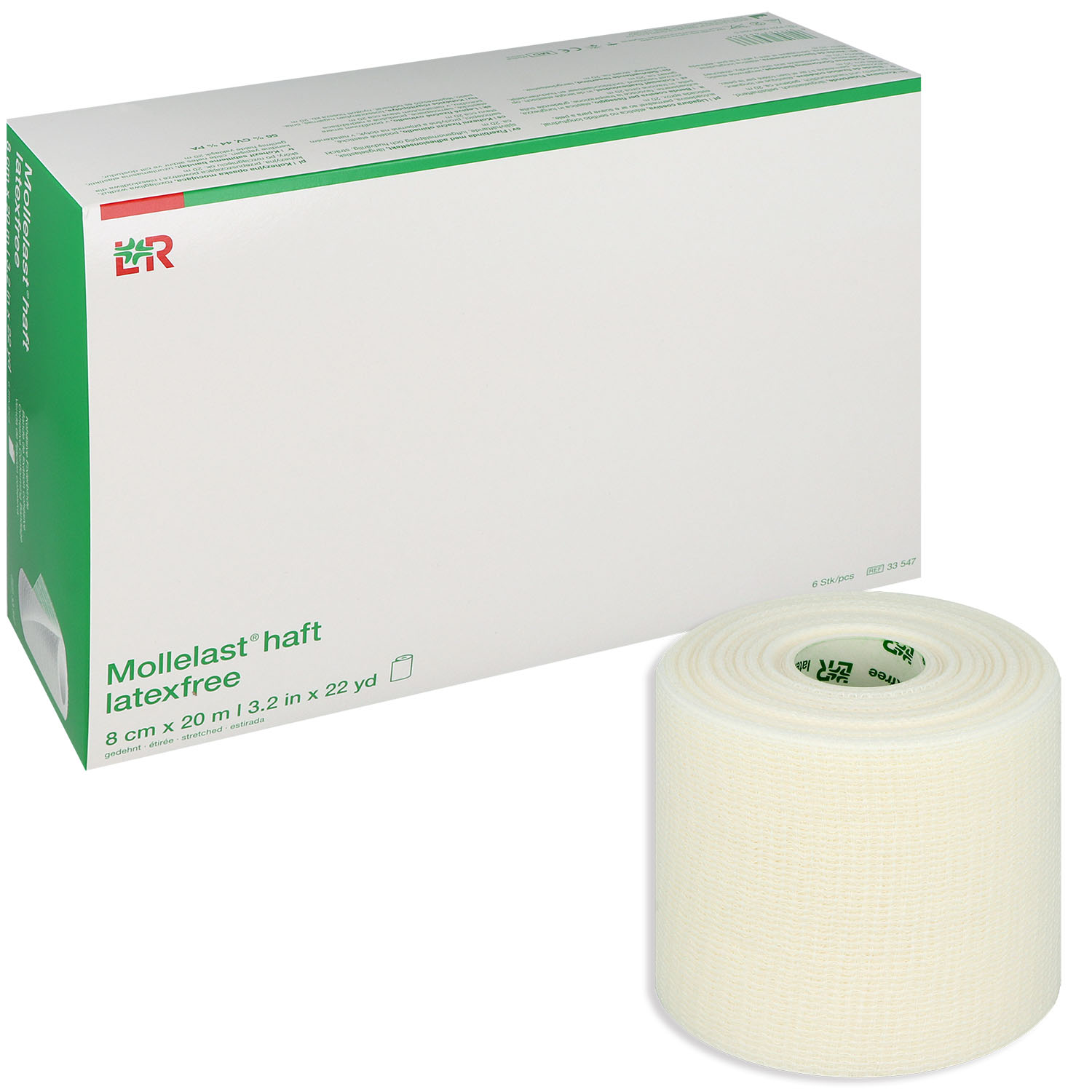 Mollelast haft Fixierbinden latexfrei weiß - 8 cm x 20 m - 6 St.