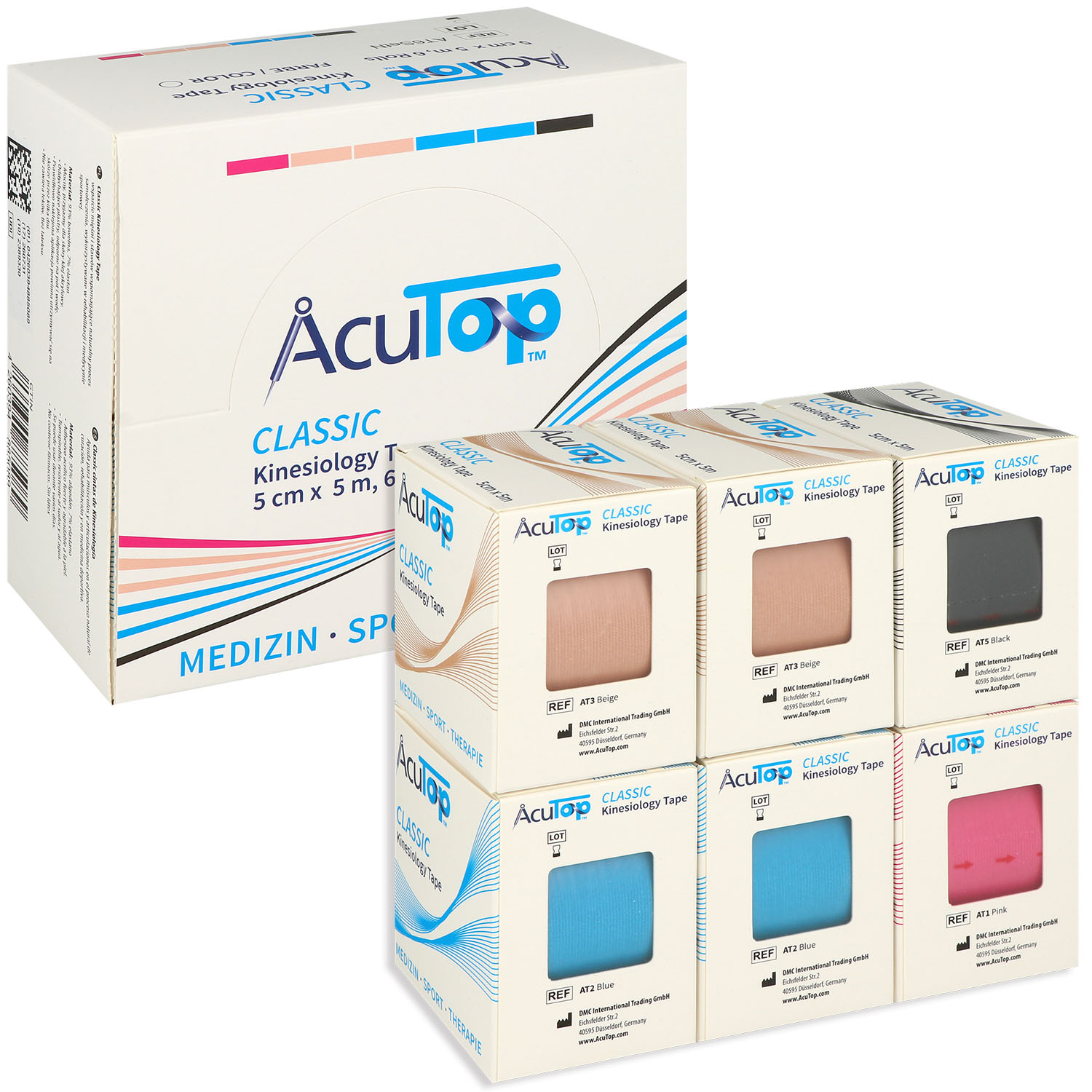 AcuTop Kinesiology Tape Classic 6er Set Basic - 1 x pink 2 x blau 2 x beige 1 x schwarz