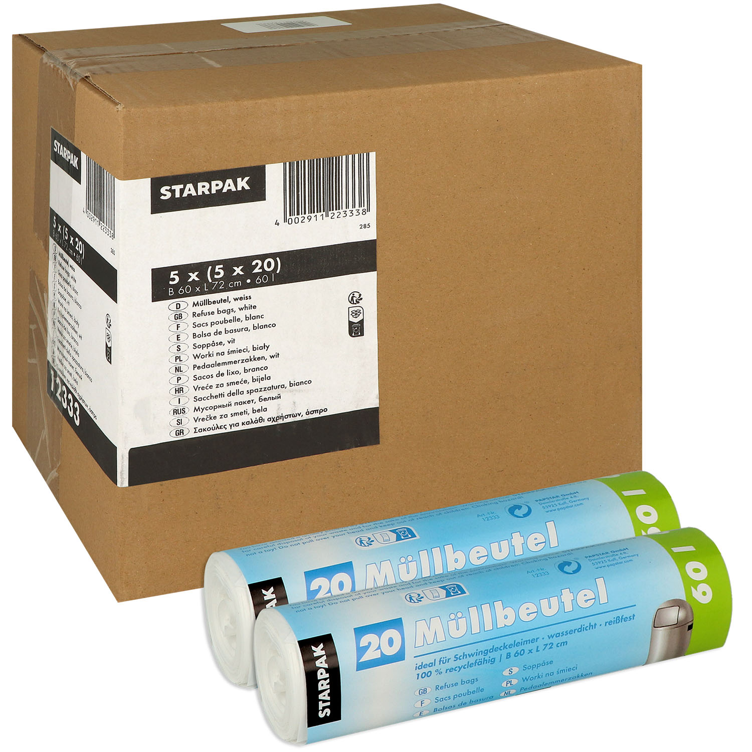 Müllbeutel, HDPE 60 Liter, 72 cm x 60 cm weiß, 5 Pack à 5 Rollen - 500 St.