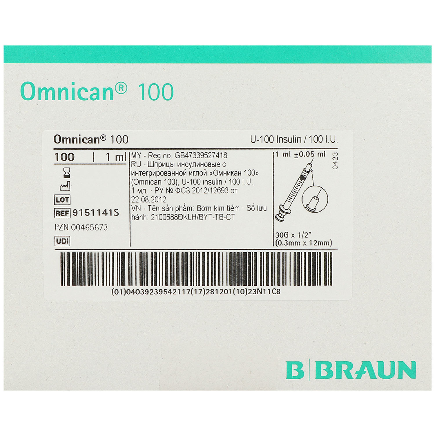 Omnican 100, 1 ml U100 Insulinspritze mit Kanüle