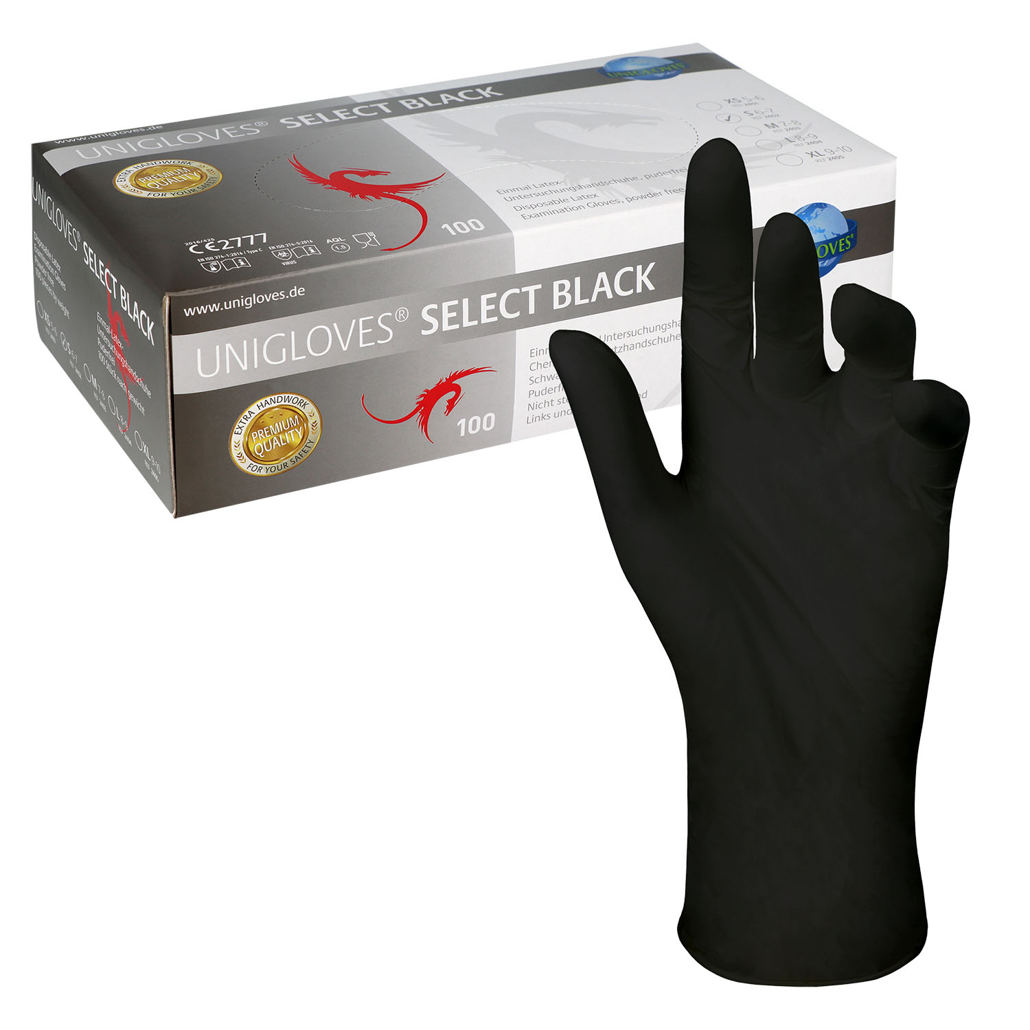 Unigloves SELECT BLACK Latexhandschuhe, puderfrei, schwarz S - 100 Stück