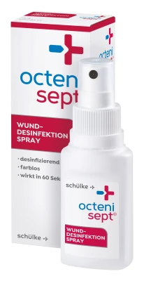 hautdesinfektionsmittel octenisept in einer Sprühflasche vor einer Verpackung