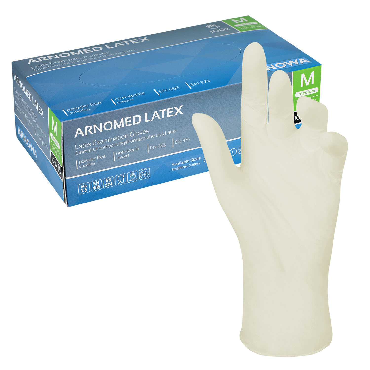 Arnomed Latex-Untersuchungshandschuhe, puderfrei, unsteril M - puderfrei - 100 Stück