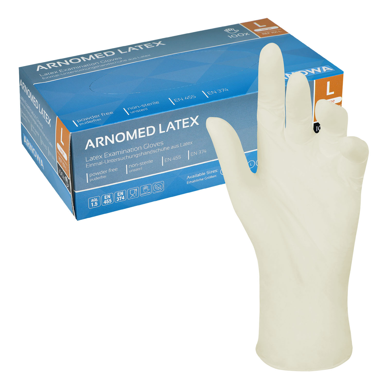 Arnomed Latex-Untersuchungshandschuhe, puderfrei, unsteril L - puderfrei - 100 Stück