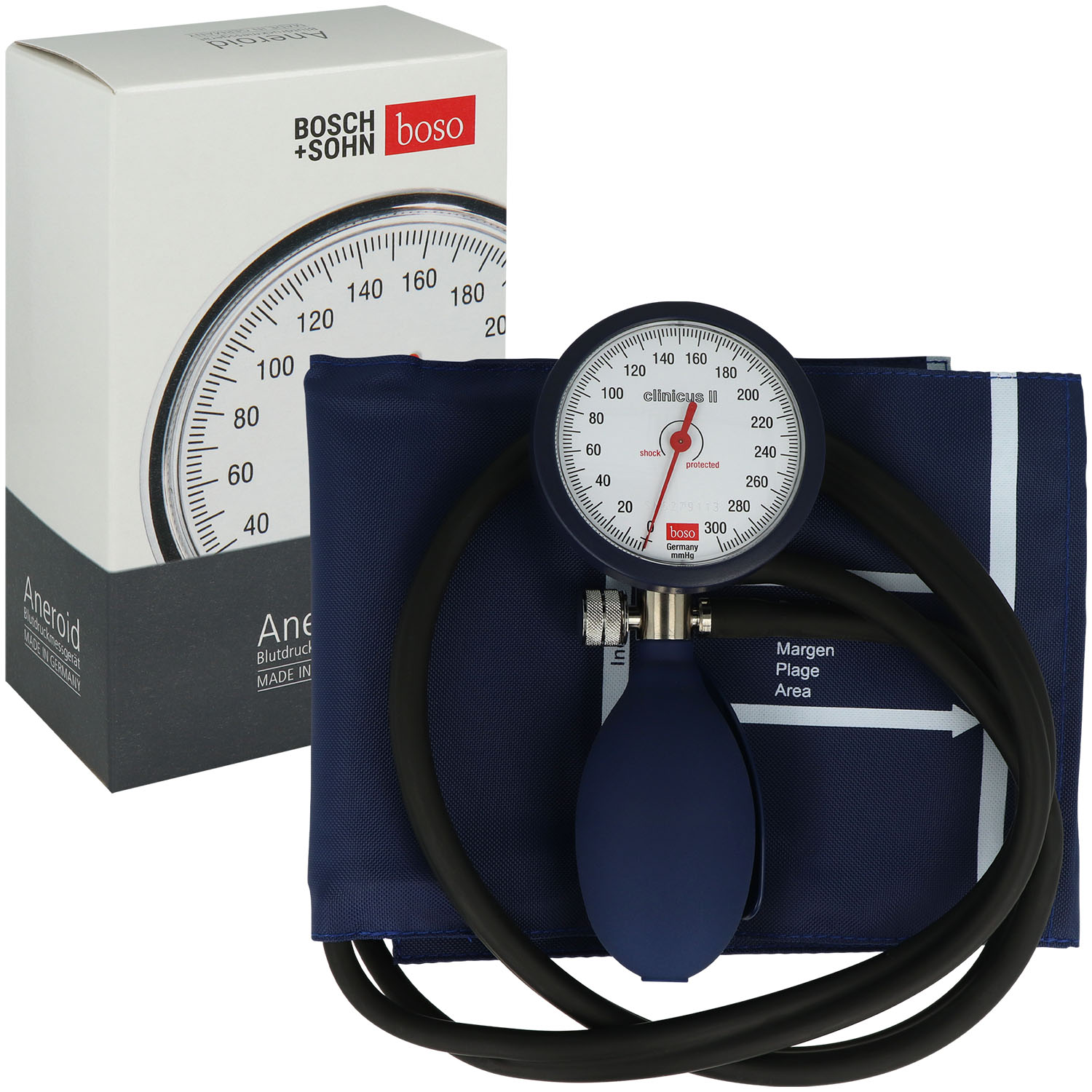 boso clinicus II Blutdruckmessgerät Ø 60 mm, blau mit Klettenmanschette Größe M