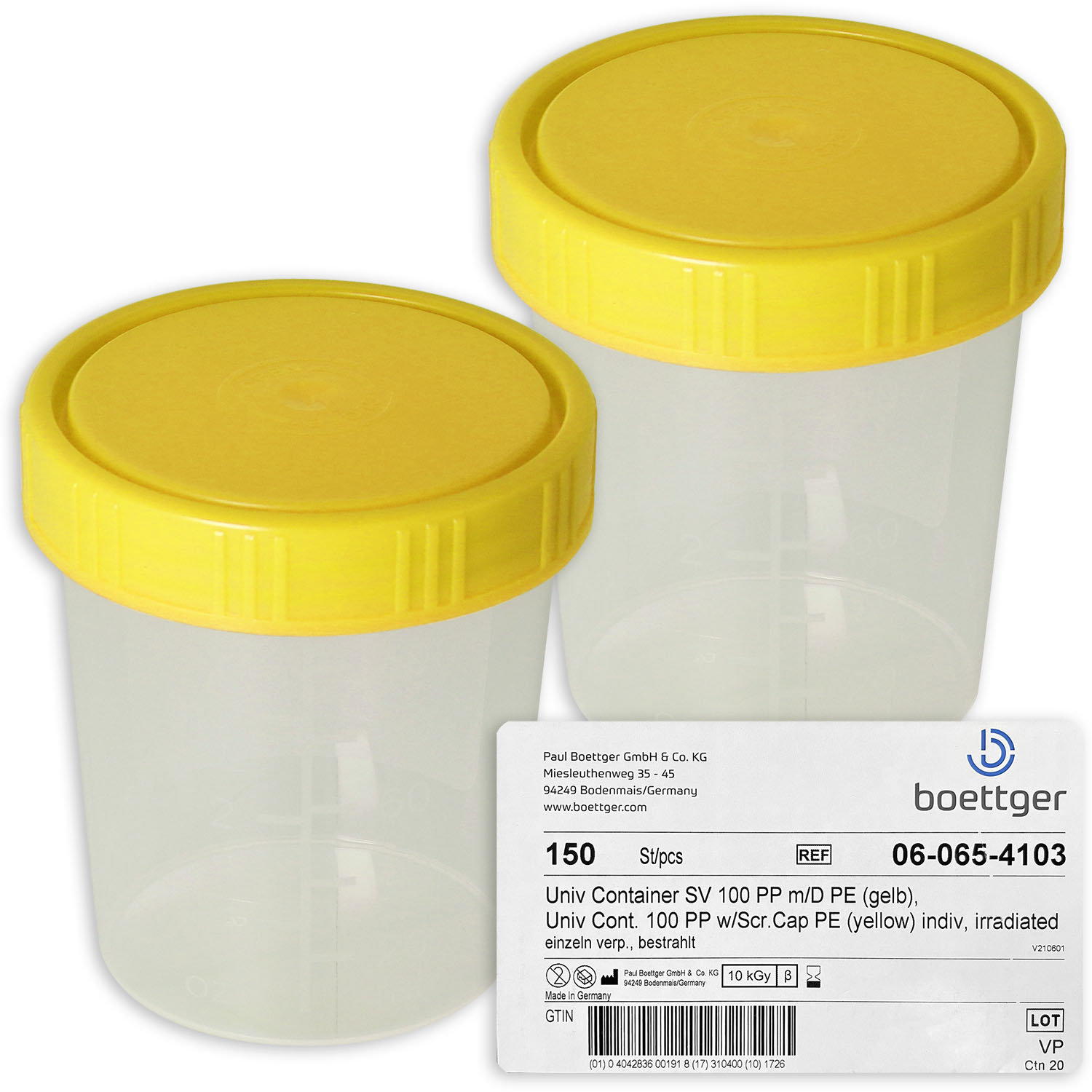 Urinbecher mit Schraubdeckel gelb steril, 125 ml, bis 100 ml graduiert, 150 St.