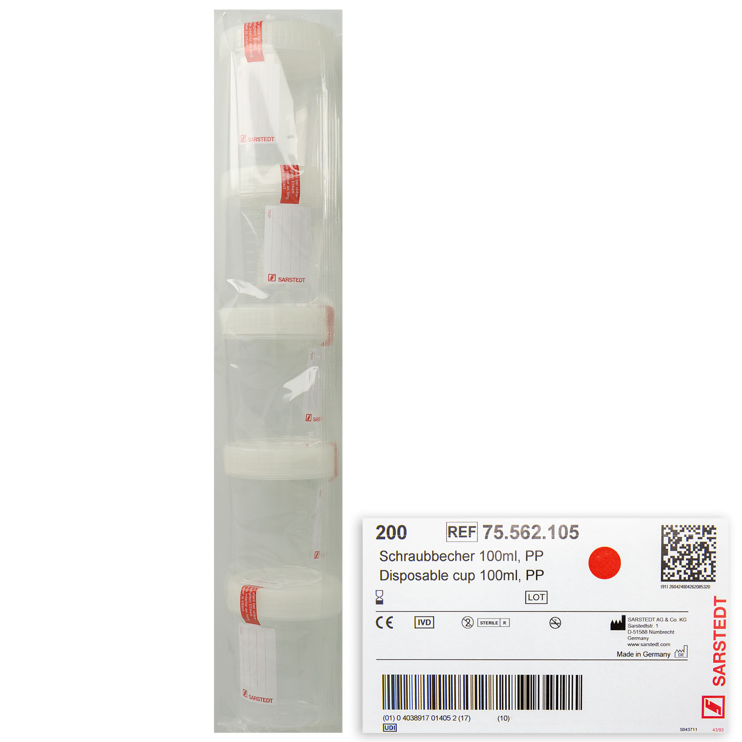 Schraubbecher 100 ml steril, mit montiertem Schraubdeckel