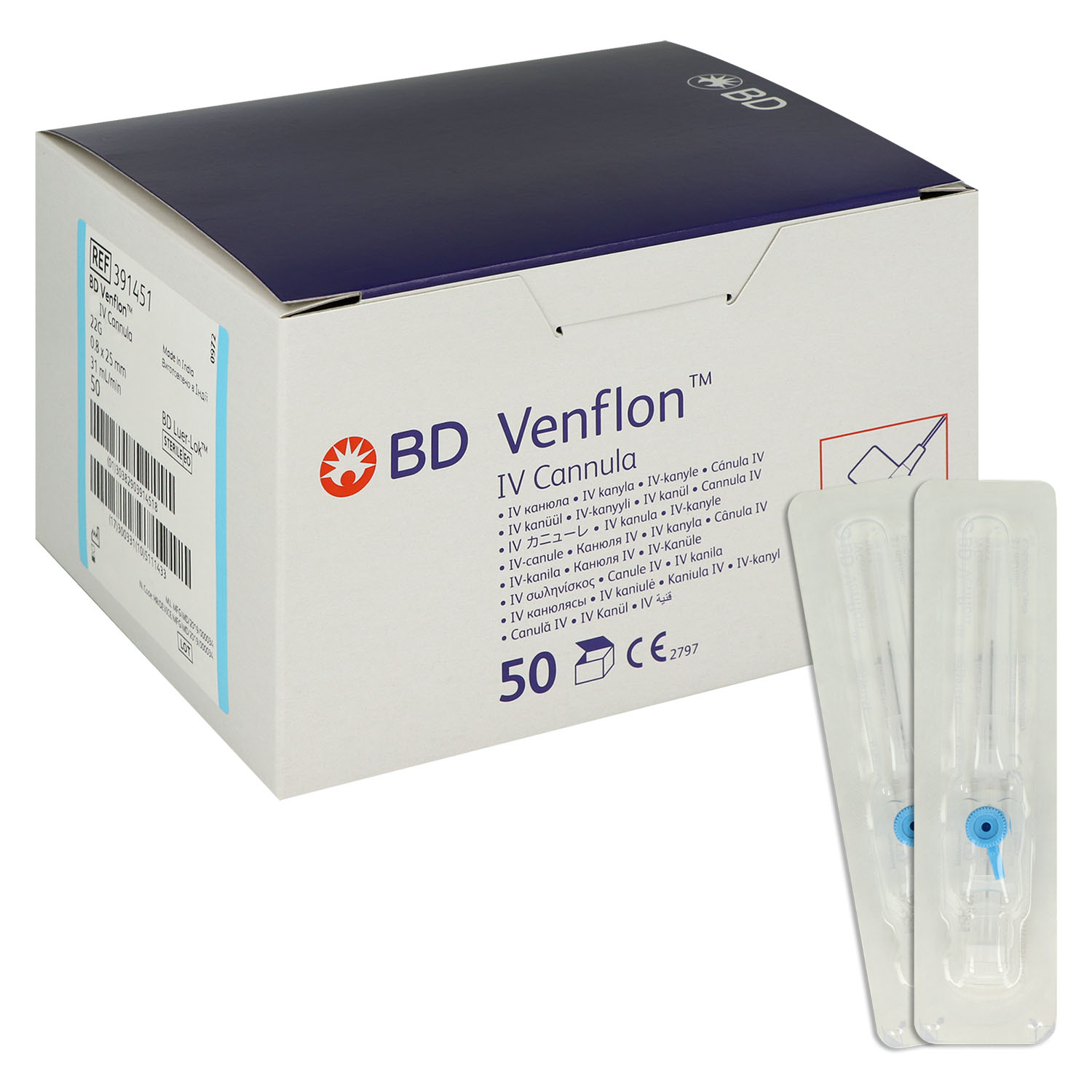 BD Venflon 2 Venenverweilkanülen 22G blau - 0,8 x 25 mm - 50 St.