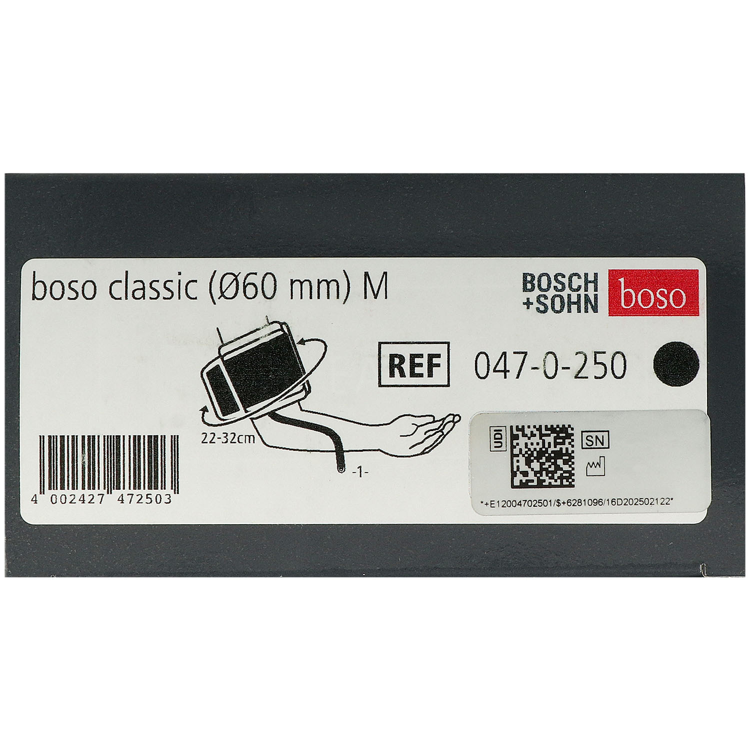 boso classic Blutdruckmessgerät, Ø 60 mm, chrom mit Klettenmanschette schwarz, (standard) Größe M