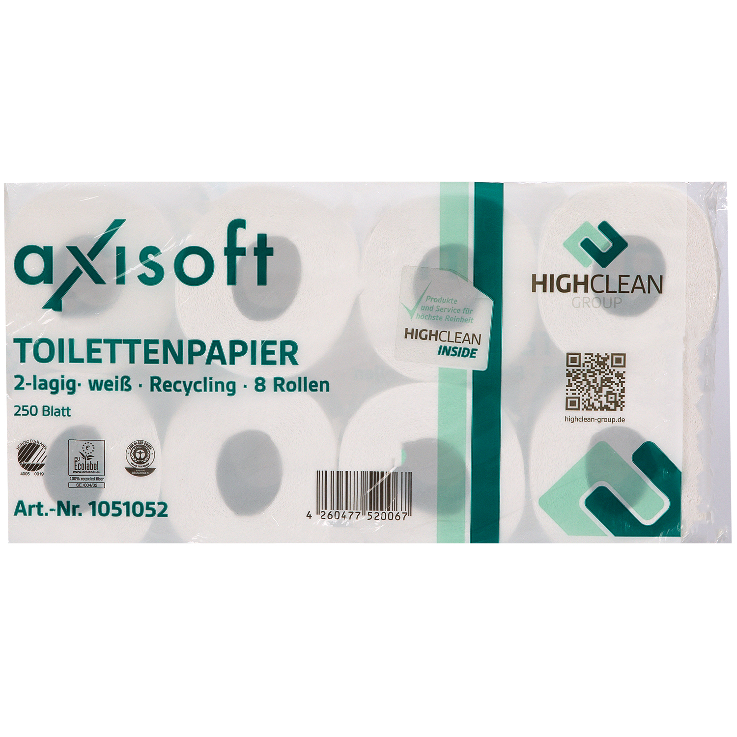 Axisoft recyceltes Toilettenpapier naturweiß 2-lagig. 8 x 250 Blatt