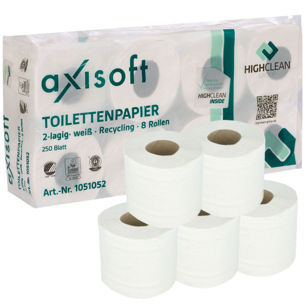 Axisoft recyceltes Toilettenpapier naturweiß 2-lagig. 8 x 250 Blatt