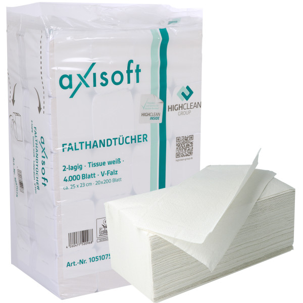 Axisoft Falthandtücher weiß V-Falz 2-lagig 25x23cm 20 x 200 Blatt