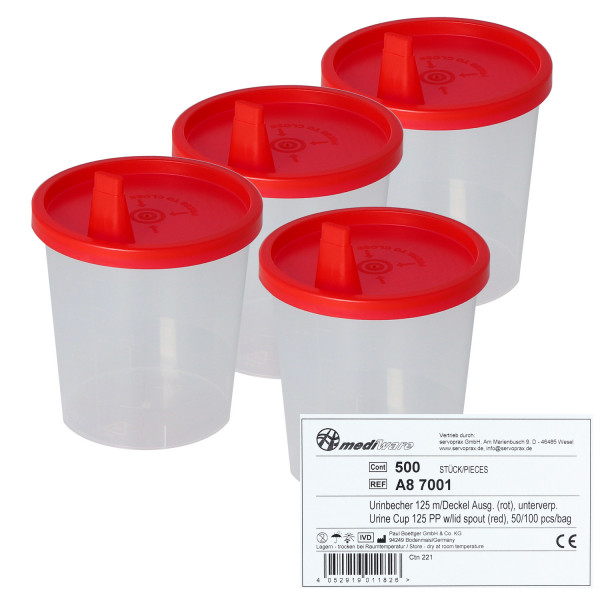 Urinbecher mit rotem Schnappdeckel und Tülle